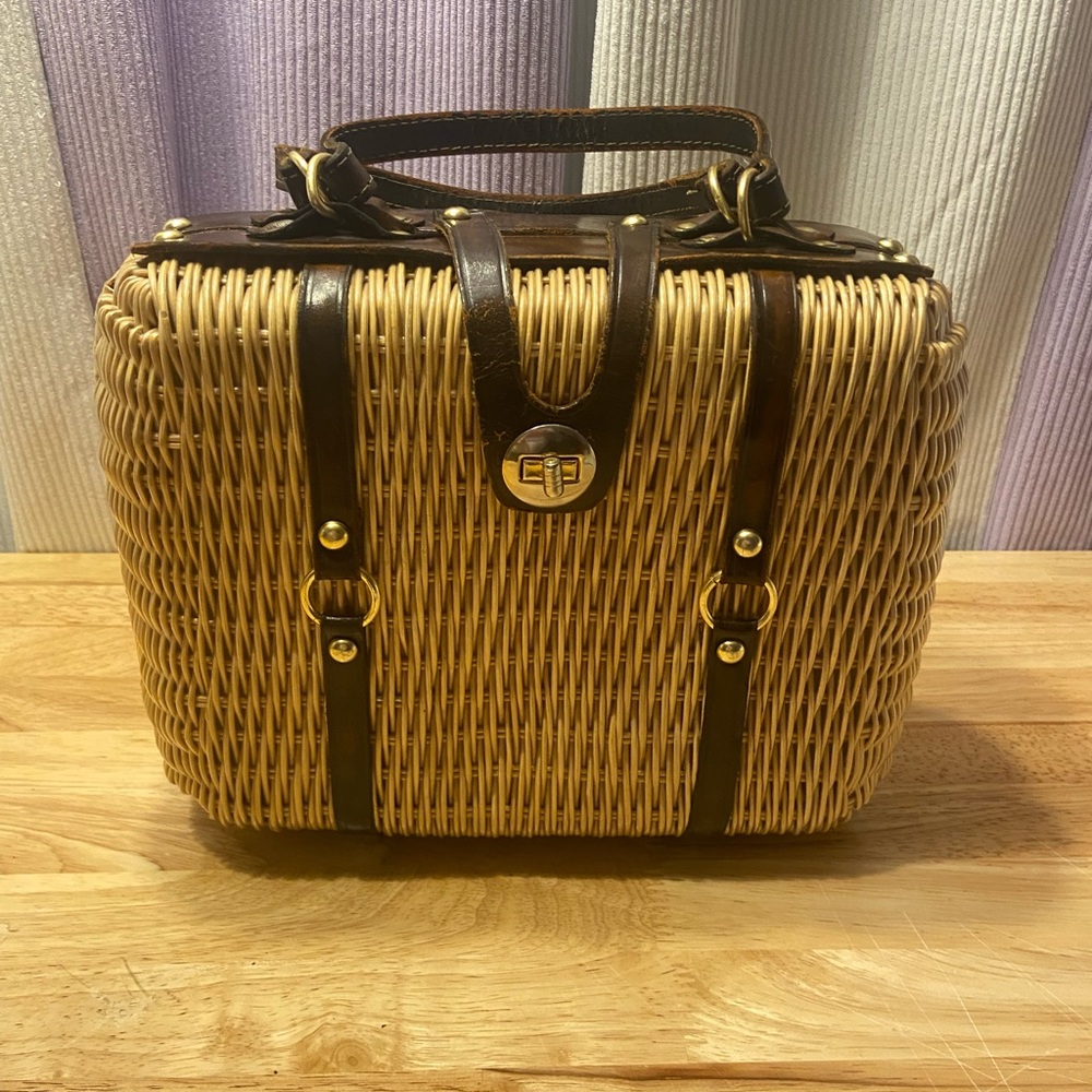 Vintage Wicker and Leather Double Handle Basket Handbag